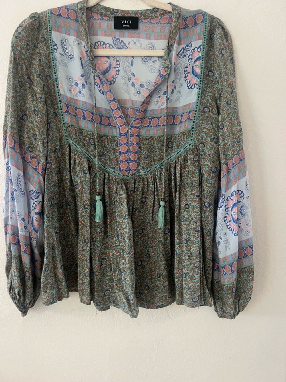 VICI Olive Green Paisley Peasant Tunic with Tassel Detail